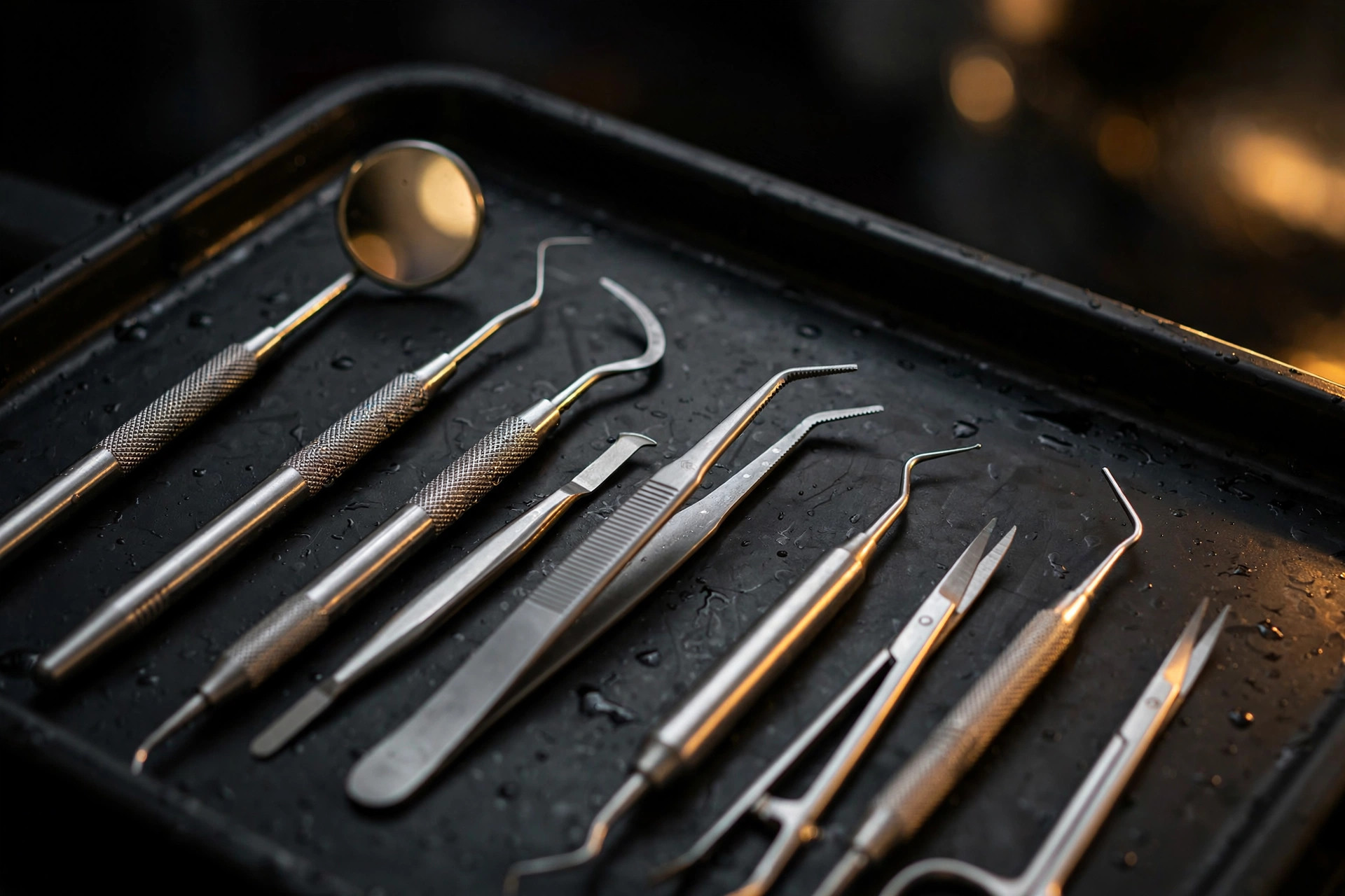 Polished dental instruments arranged on a surgical tray