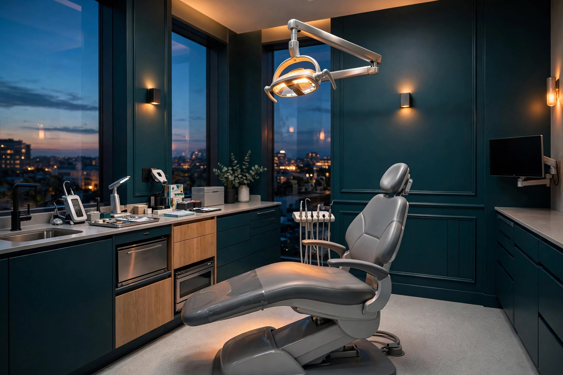 Modern dental operatory with calm evening lighting